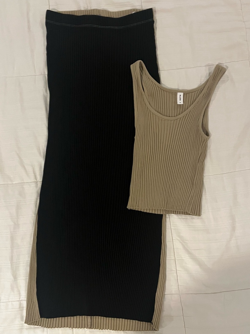 KOTN Matching Set - Nile Rib Skirt in Black/Dune w/ Matching Dune Rib Tank